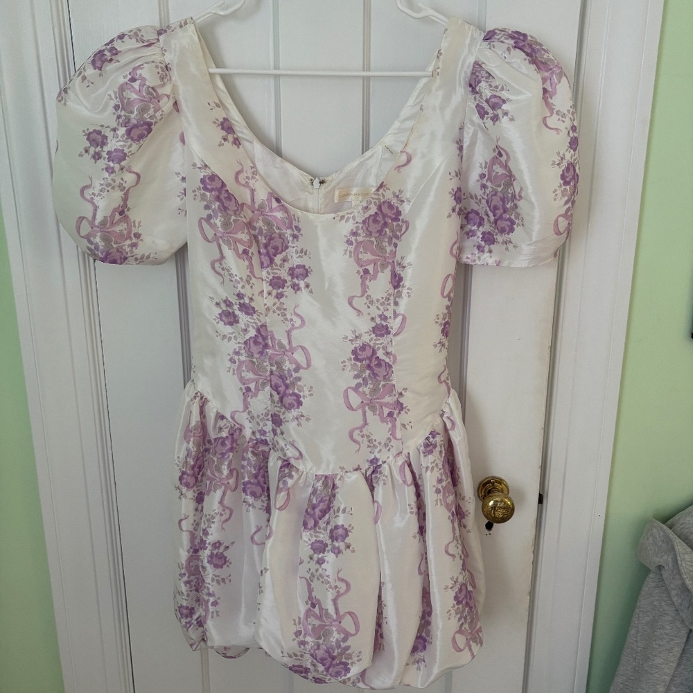 Love Shack Fancy purple and white puff sleeve bubble dress WORN ONCE size 4